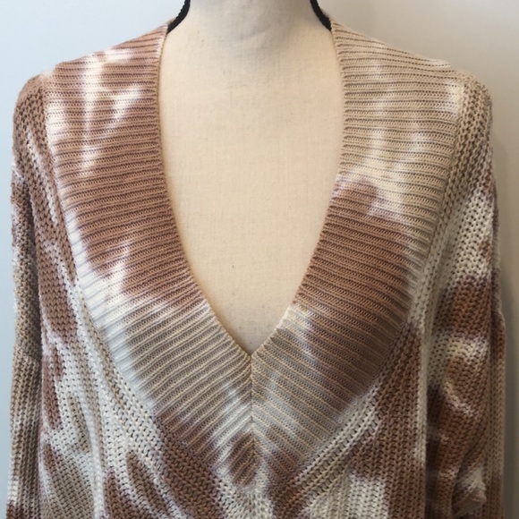 Aerie Oversized Sweater Ivory Brown Tie Dye Ribbed Pullover Long Sleeve Boho M - Picture 3 of 11